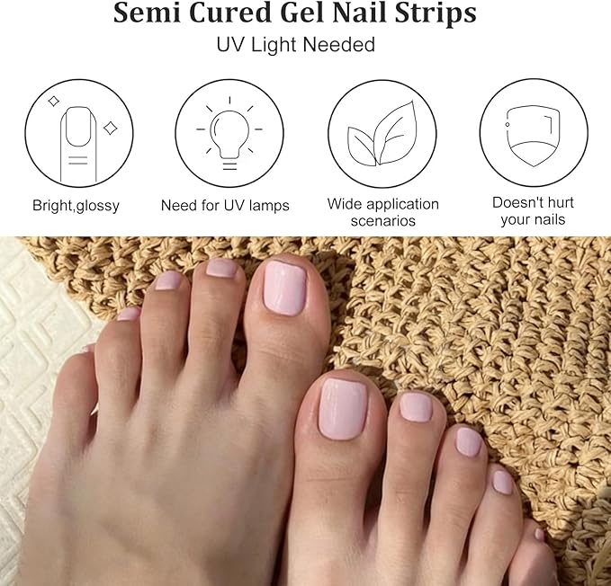 32 Pcs Semi Cured Gel Toe Nail Strips Milky White Gel Nail Stickers Full Cover Nails Wraps Self Adhesive Toe Nails Polish Strips Stickers for Women UV/LED Light Required