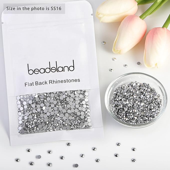 Beadsland Flat Back Crystal Rhinestones Round Gems for Nail Art and Craft Glue Fix, Silver Hematite, 3.8-4.0mm, SS16/1440pcs
