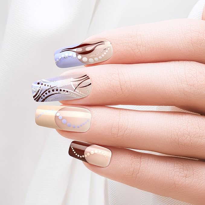 Goldfinger Trendy False Nails Kit, Long Squoval Design Nail, Playful Simple Artistic Sheer Nude Print, Ready to Wear Gel & Manicure Stick Included, Long-Lasting Convenient & Easy to Apply