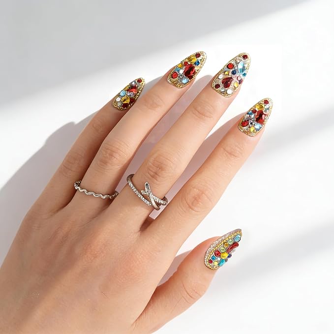 24Pcs Handmade Press on Nails, Bling Rhinestones Medium Length Almond Shape Fake Nails with Colorfull Design,Cute Manicure Kit for Women and Girls