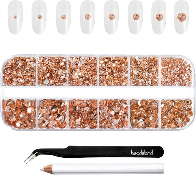 Beadsland Rhinestones for Makeup,8 Sizes 2500pcs Champagne Flatback Rhinestones Eye Gems for Nails Crafts with Tweezers and Wax Pencil,Light Peach,SS4-SS30