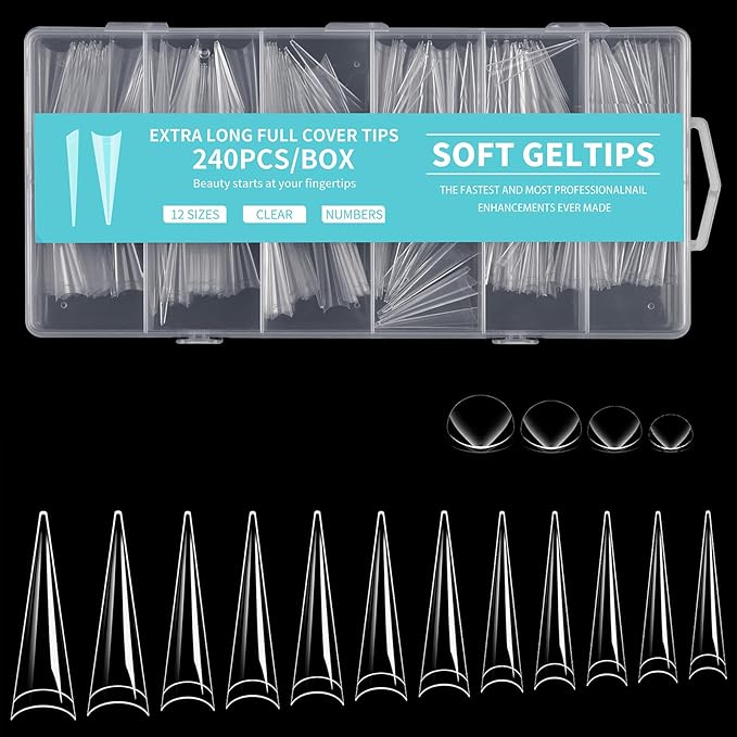 Long Stiletto Nail Tips, 240Pcs Half Cover Soft Gel Nail Tips Pre-shaped 2XL Shape Clear Acrylic False Nail Fake Nail Extension Press On for Salon Home DIY 12 Sizes