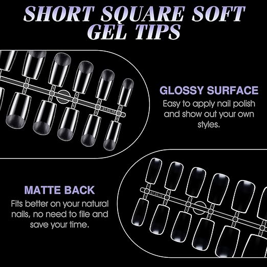 Gelike EC Short Square Nail Tips: Soft Gel False Nail Tips Full Cover for Nail Extensions - Acrylic Nails Professional Clear Gelly Tips False Press on Preshaped PMMA,12 Sizes, SHORT SQUARE 240PCS