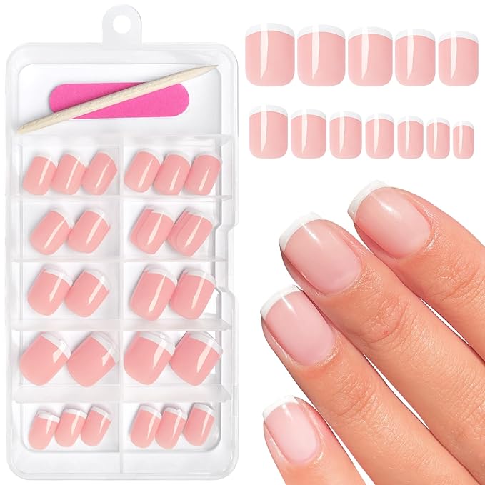 AddFavor 120pcs French Tip Press on Nails Short Square Fake Nails Nude White French Nails Press on Acrylic Artificial False Nials with Adhesive Tab for Women Girls