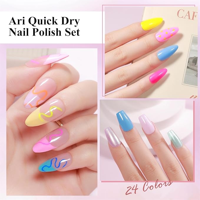 Regular Nail Polish Set: 24 Colors Neon Quick Dry Fingernail Polish Non Gel Bulk Nude Pink Red Green Blue Long Lasting French Nail Art DIY Home Gift Set for Women