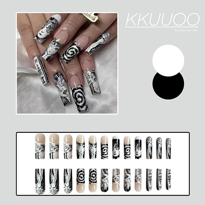 Long Black White Halloween Anime False Nails - Square, Full Cover Glossy Acrylic Artificial Nails - Stick On for Women with Design