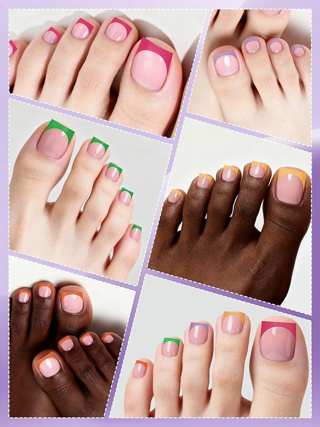 EBANKU 150 Pcs Press On Toenails French Tips, Colorful Square Short Toe Nail Tips Press On Fake Toenail Full Cover Artificial False Nail Tips with Glue for Women Home Salon DIY
