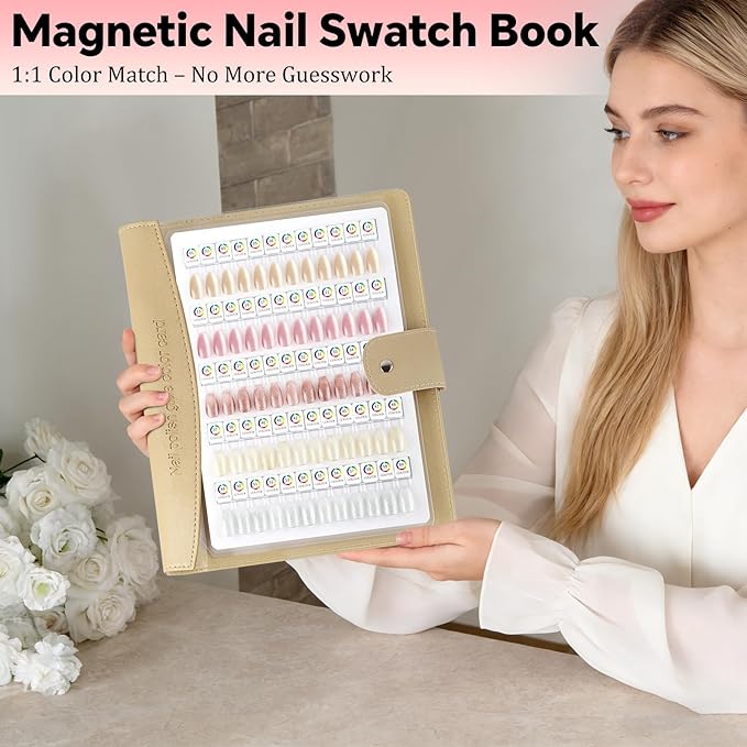 60 Magnetic Nail Swatch Book,Leather Nail Color Display Book with 72 Magnetic Tips & Number Labels,Professional Nail Salon Color Display Book for Easy Preview & Storage Gold