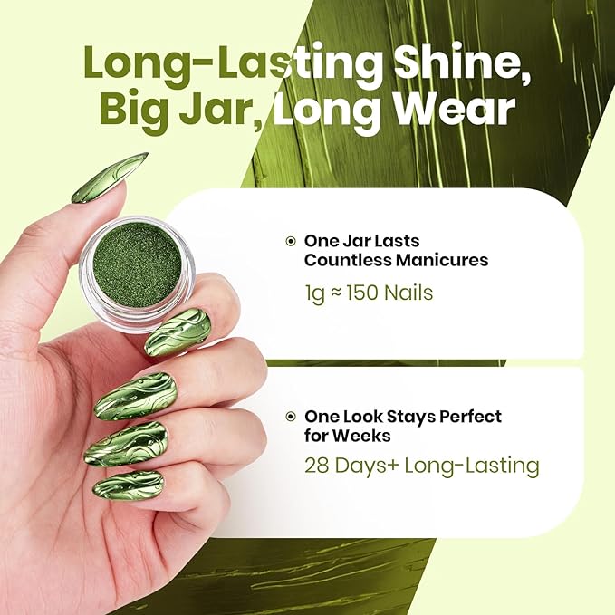 Beetles Green Chrome Nail Powder Metallic Mirror Effect Chrome Powder for Nails Gel Polish Green DIY Decoration Nail Manicure Nails Art Design Gift for Women