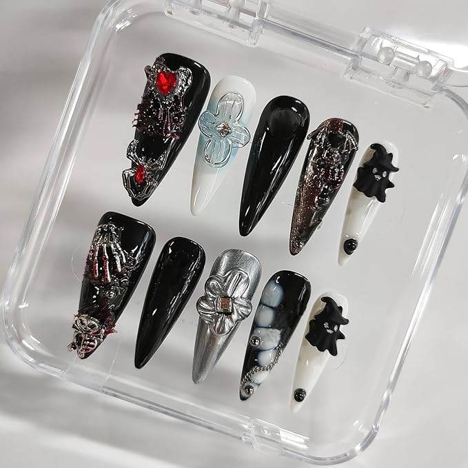 Halloween Press on Nails Long Almond 3D Floral Handmade Nails Thick Acrylic Fake Nails Gothic Black&White False Nails with Spider Heart Ghost Designs Sturdy Nail Art Press on Nails 10Pcs(S)