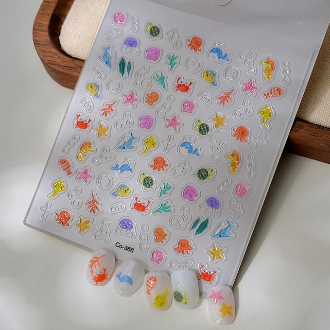 Zoance 5D Embossed Shell Starfish Nail Art Stickers, Self Adhesive Marine Life Nail Decals 4 Sheets Jellyfish Fishtail Pearl Nail Stickers for Nail Art Supplies Women Girls Nail DIY Decorations