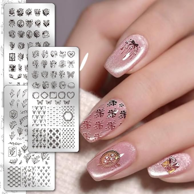 PH PandaHall 3pcs Lily of The Valley Nail Stamping Plates Flower Leaf Nail Art Templates Butterfly Stainless Steel Image Plate Art Stencils with Tool for Spring DIY Print Manicures Salon Design