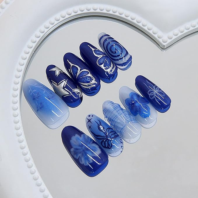 Blue Press on Nails Medium Almond Fake Nails Flower Butterfly Full Cover Glue on Nails with Silver Star Designs Stick on Nails Blue Bow Artificial False Nail Decor for Women Manicure Supplies 30pcs