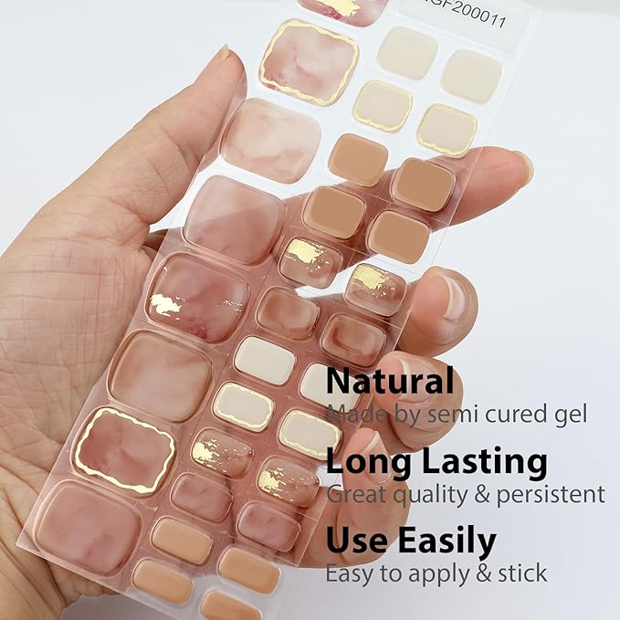 32 Pcs Semi Cured Gel Toe Nail Strips Nude Pink Gel Nail Stickers with Marble Design Gold Nails Wraps Self Adhesive Toe Nails Polish Strips Stickers for Women UV/LED Light Required