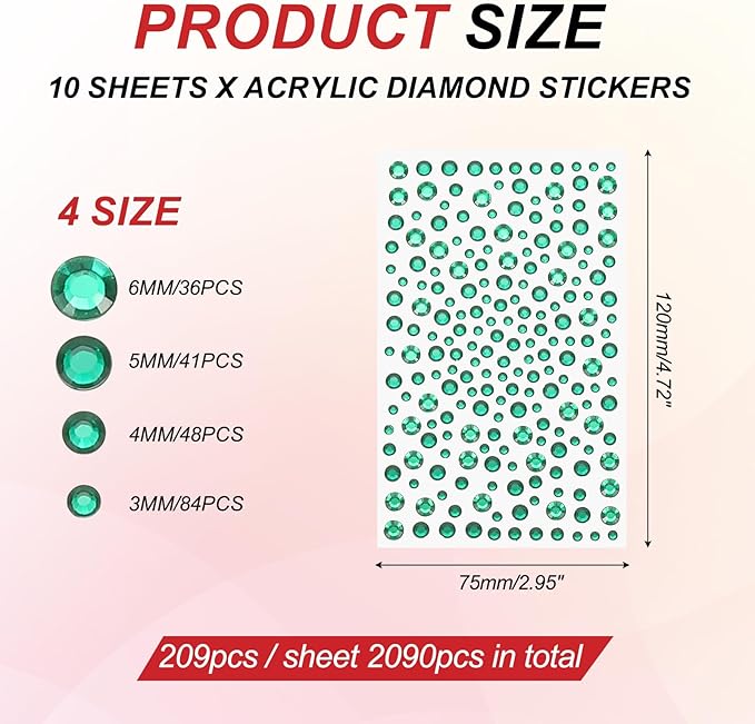 PATIKIL 2090 Pcs Acrylic Gem Sticker, 4 Size 3/4/5/6mm Self Adhesive Rhinestones Face Gem Stones Bling Jewelry for Nail Art Craft Clothes DIY Makeup Decoration Party, Dark Green