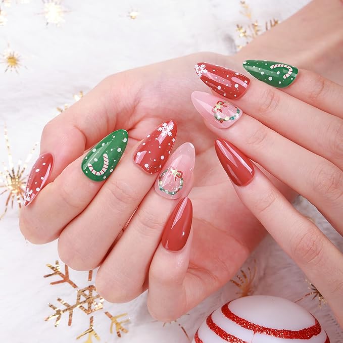 6 Sheets Christmas Nail Wraps Full Stickers Nail Polish Strips, Cute Grid DIY Self-Adhesive Glitter Nail Art Decals Snowflake Xmas Tree Red Green Party Decor with 1 Pcs Nail Files (128 Pieces)