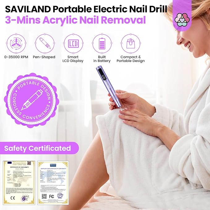 SAVILAND Electric Nail Drill: 35000RPM Cordless Electric Nail File Portable Nail Drill Professional 0 Vibration Hight Speed for 3 Mins Removal Acrylic for Manicure Pedicure Nail Salon at Home（Purple）