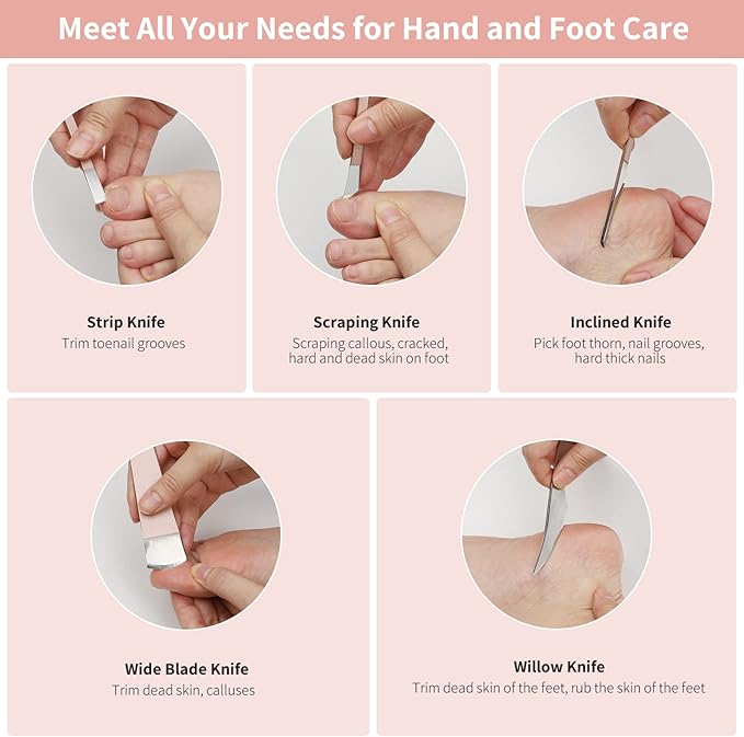 Pedicure Knife Kit, 5 Pack Rose Gold Foot Dead Callus Remover Stainless Set, Professional Ingrown Toenail Steel Tool, Feet Skin Care Nail File Tool Manicure Clippers Cuticle Scraper Toe Shaver