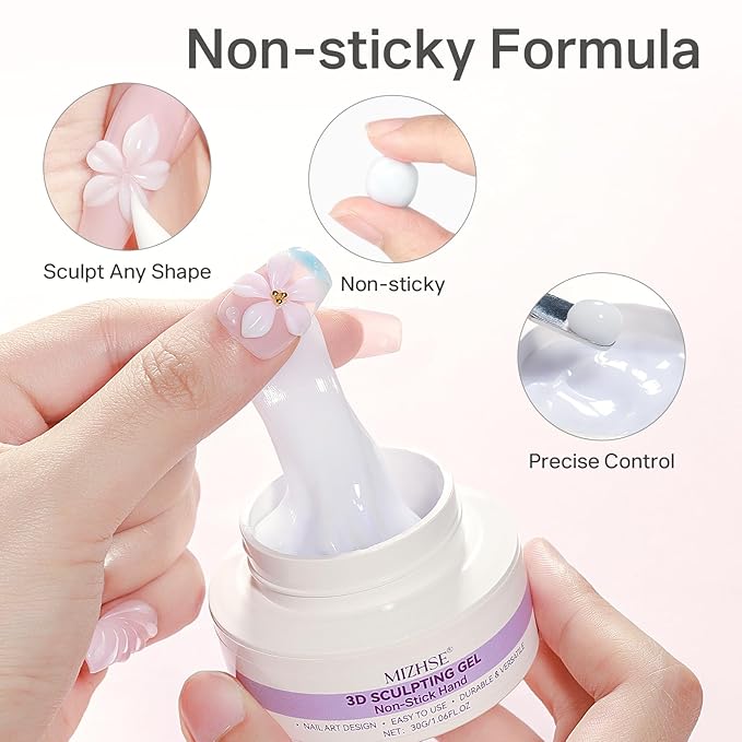 MIZHSE White 3D Gel Nail Art 30g Sculpting Gel Non-Sticky Molding Gels for Nails Solid U V LED Soak Off Gels Polish with Nail Art Pen Rub Chrome Powder Nail Design Home Manicure