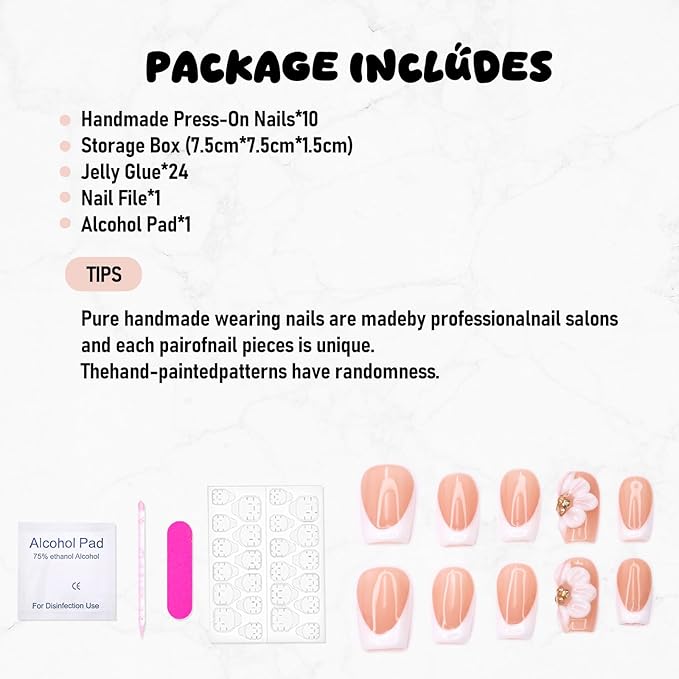 White Flower Press on Nails Thick and Muti-Layer Gel Short Coffin Fake Nails French Tip False Nails with 3D Rhinestone Designs Full Cover Artificial Stick on Nails for Women DIY (Size M)