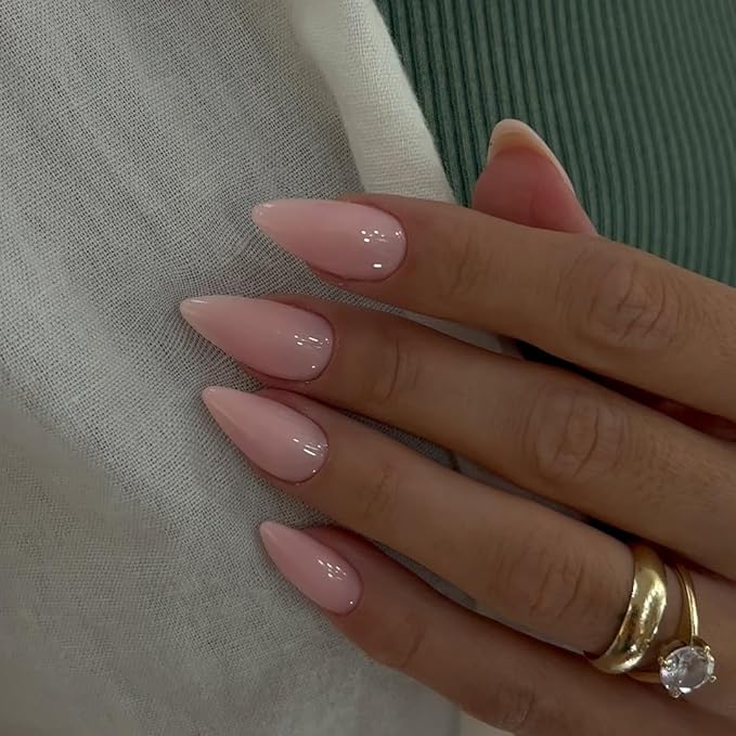 Dusty Pink Press on Nails - Almond Shape Medium Length Neutral Acrylic Reusable Fake Nails for Women Girls - Glue on Stiletto False Soft Gel Artificial Nails