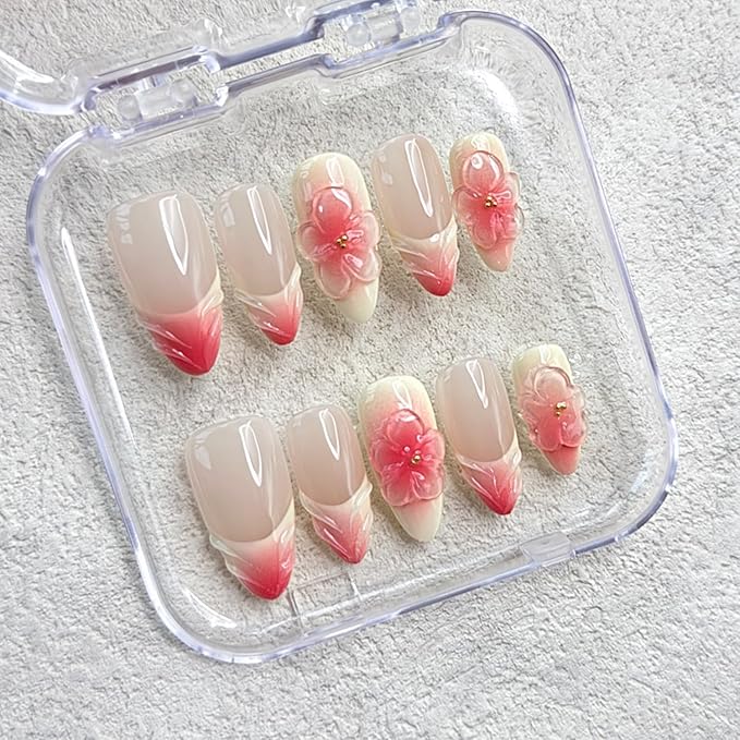 Ligth Yellow Press on Nails Medium Almond Handmade Nails with Glue,Handmade False Nails French Tip Nail Press ons 5D Flower Art Design Muti-Layer Gel Nail Luxury False Nails for Women (Size S)