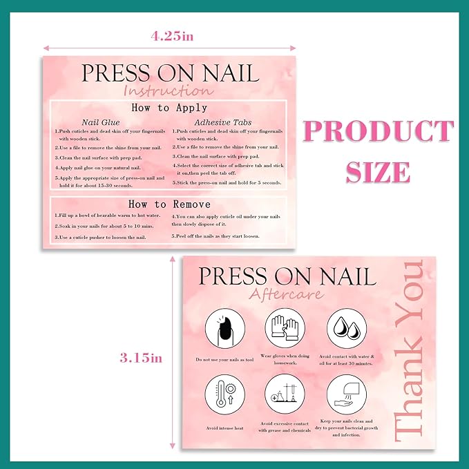 50pcs Press on Nail Instructions and Aftercare Cards 4.25 * 3.15in,Press on Nail Display Cards Manicure Usage Application Guides Supplies for Small Business(Pink, 50pcs)