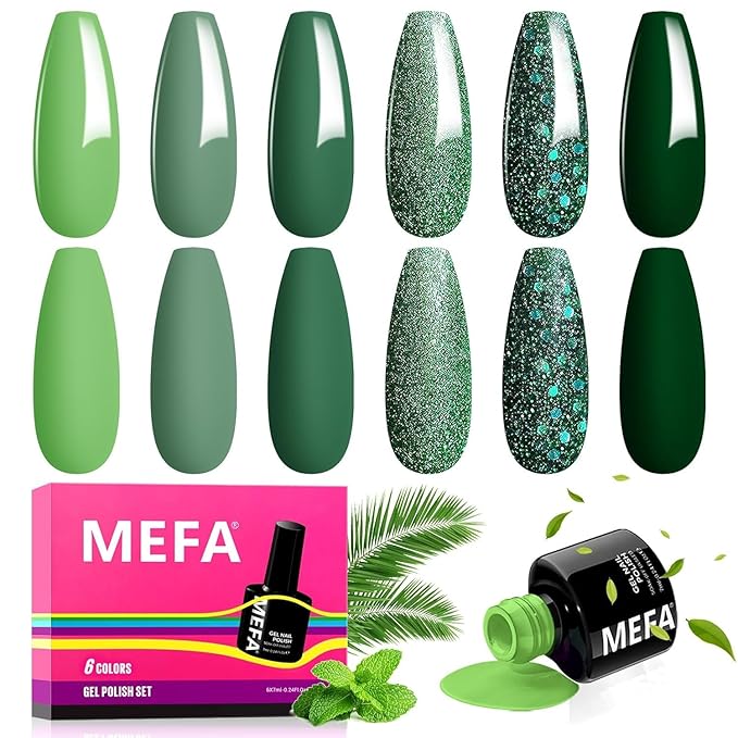 MEFA Green Gel Nail Polish, St. Patrick's Day 6 Colors Green Glitter Nail Polish Gel Dark Avocado Sage Evergreen Sparkle Polish Set Soak Off Nail Art DIY Salon Manicure Nail Art Gifts for Women
