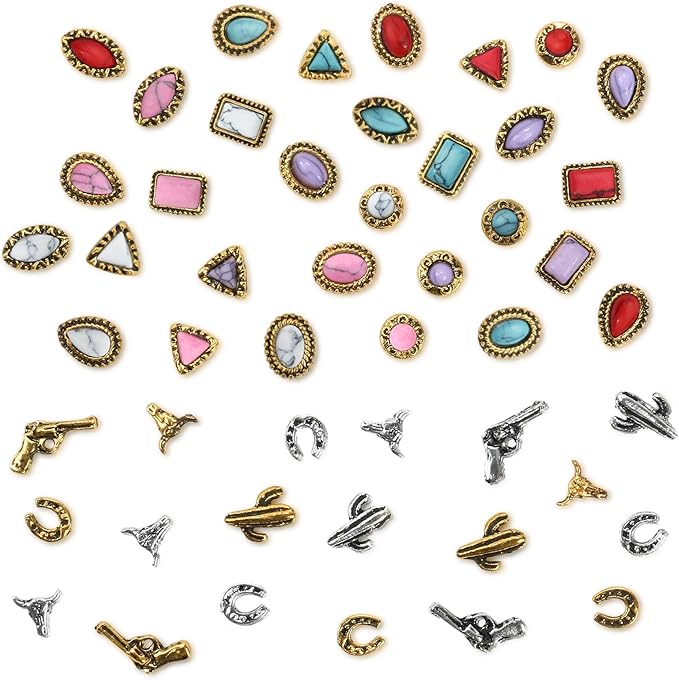 50 PCS Western Nail Charms Turquoise Gems - Mix Color 3D Vintage Turquoise Nail Charms, Retro Cowboy Gemstones Western Art Ornament for Women Daily DIY