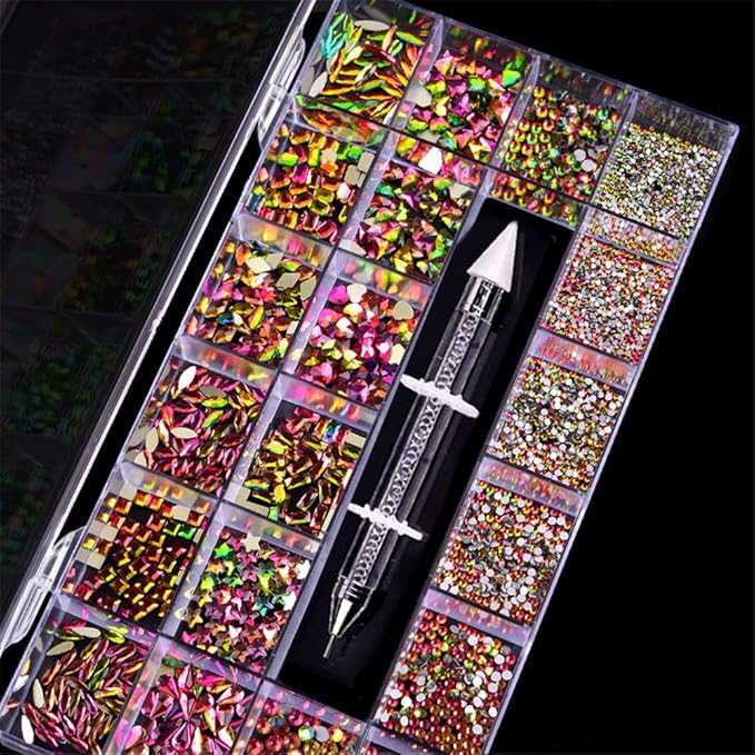 Color AB Crystal Rhinestones Set 600+2100 Pcs, Round and Multishape AB Glass Rhinestone With 1 Pick Up Pen In Clear Big Box Flat Back Crystals Gems Stones Set for Nails Clothes Face Jewelry
