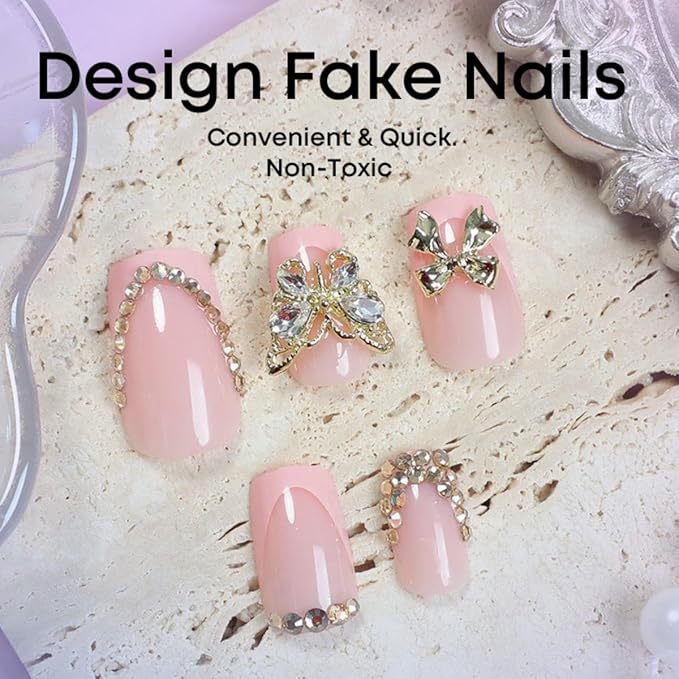Butterfly Press on Nails - Short Square Fake Nails - Pink French tips Glue on Nails Gold Bow Rhinestone Stick on Nail Glossy Reusable False Nail for Women Manicure 24pcs
