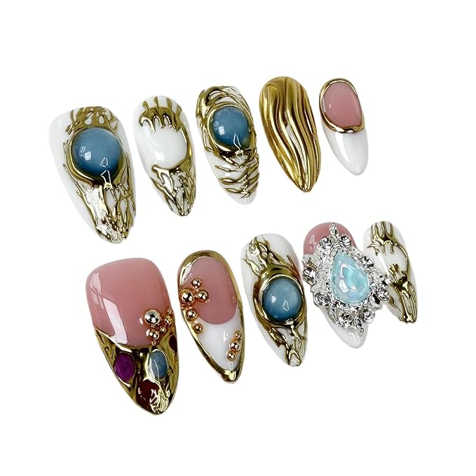 Handmade Almond Fake Nails White French Tip Press on Nails Short Gold Embossed False Nails with 3D Swirl and Charms Designs Short Acrylic Nails with Glue for Wome (Size M)