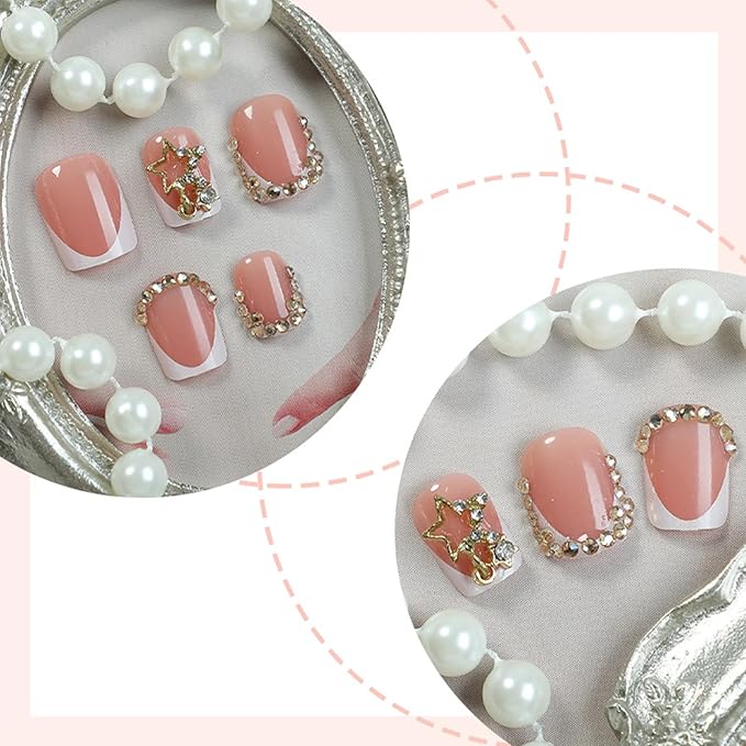 Square Press on Nails Short Fake Nails with Designs Stars Rhinestone Stick on Nail White French Acrylic False Nail Glossy Artificial Nail Full Cover Glue on Nails for Women 24Pcs