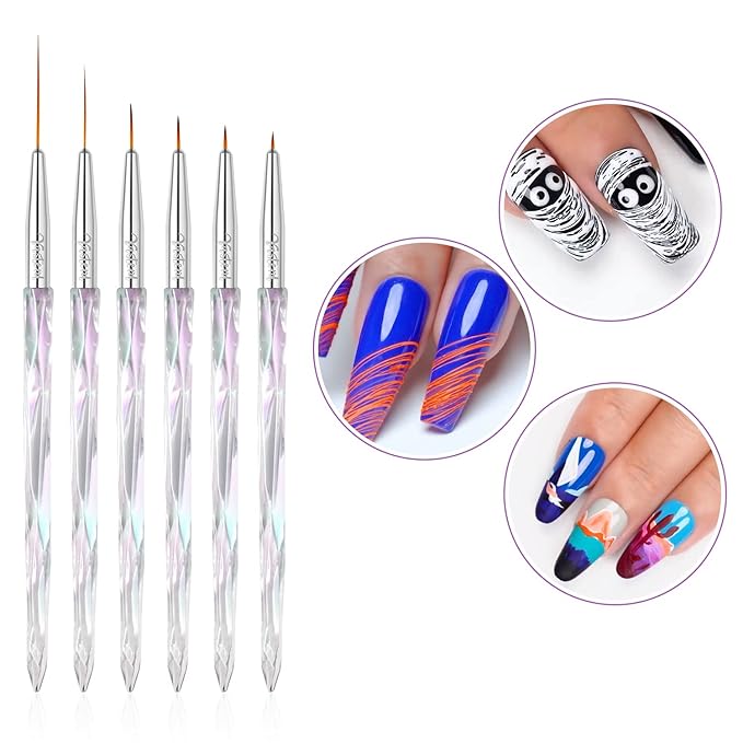 Yasterd Nail Art Liner Brushes, UV Nail Gel Polish Painting Nail Art Design Brush Pen Set for Long Lines, Short Strokes, Details, Blending, Elongated Lines Sizes 5/7/9/11/20/25mm Crystal Handle 6Pcs