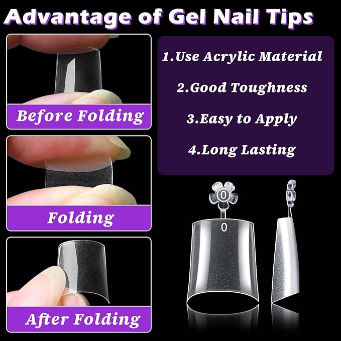 LoveOurHome 750pc French Coffin Nail Tips Clear Fake Nails Medium Coffin Gel Nail Tips Half Cover Acrylic Nails Clear False Nails 15 Sizes Fingernail for Gel Nail Tip Extension Press Nails