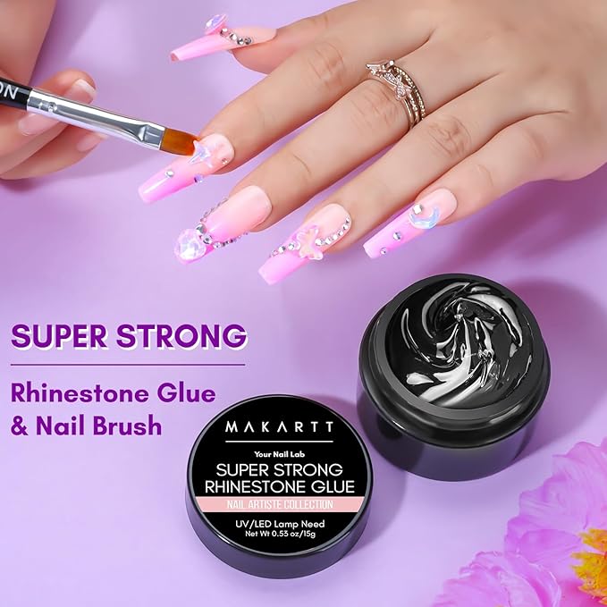 Makartt Nail Rhinestone Glue for Nails, Super Strong Gel Nail Glue Bundle with Rhinestone Glue for Nails, 15ml Clear Nail Gem Glue with Nail Brush Kit for 3D DIY Decorations