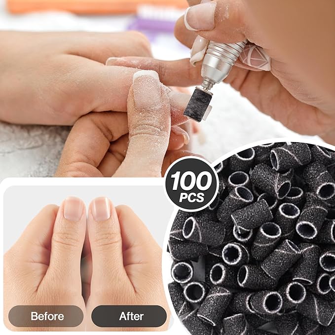 MelodySusie 100 Pcs Nail Drill Bits Sanding Bands for Nail Drill 120 Medium Grit Nail File Sanding Bands for Acrylic Nails Gel Manicures and Pedicure