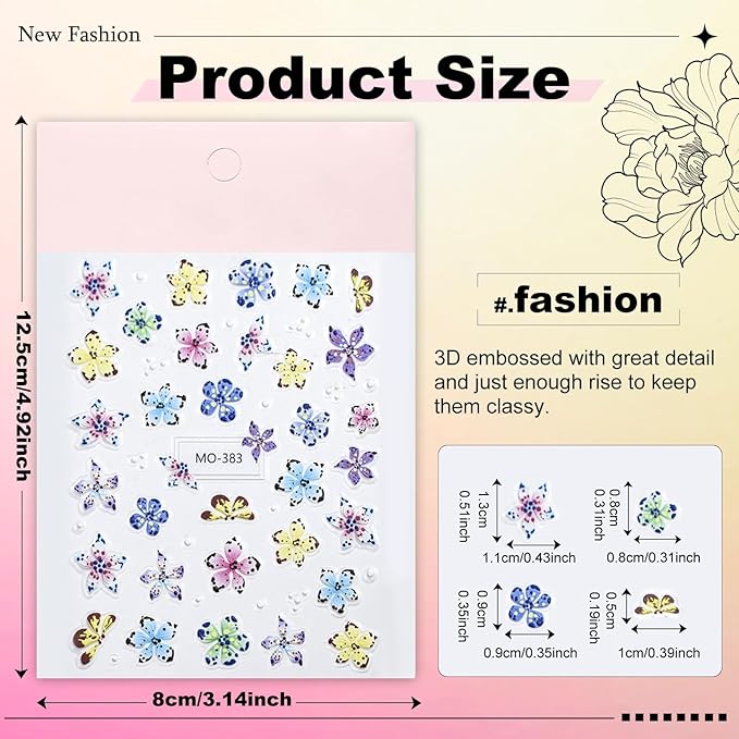 Flower Nail Stickers for Nail Art - 5D Embossed Hibiscus Nail Decals, 3 Sheets Self-Adhesive Pink White Lily Hibiscus Tropical Floral Summer Spring Flower Nail Designs Decor for Women Girls 807-11