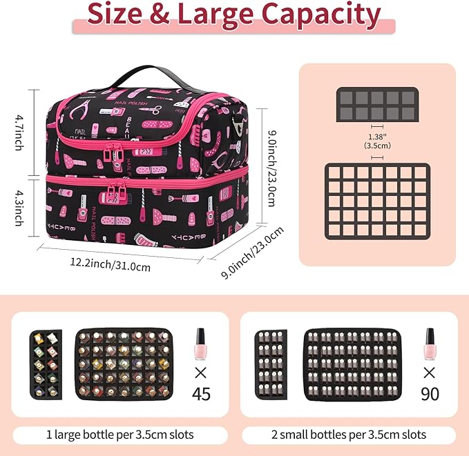 Nail Polish Organizer Case - Holds 45-90 Bottles & UV Nail Lamp, Nail Tech Organizers And Storage Bag for Nail Supplies & Manicure Kit & Pedicure Tools, Nail Technician Case (Cartoon Black, 45 Slots)