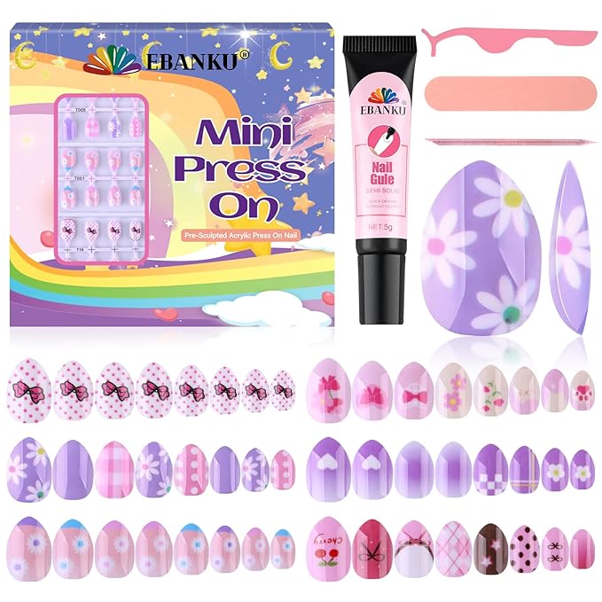 EBANKU 144 Pcs Press on Nail Kids, 6 Pack Mini Kid Flase Nails Kit with Nail Glue Set Fake Nail for Girls Nail DIY Salon Home Decor
