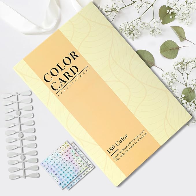 180 Nail Colors Book,Nail Color Display Book with 240 Nail Tips & 1-200 Number Labels,Professional Nail Color Swatches Book for Nail Polish UV Gel,Nails Art Design(Yellow)