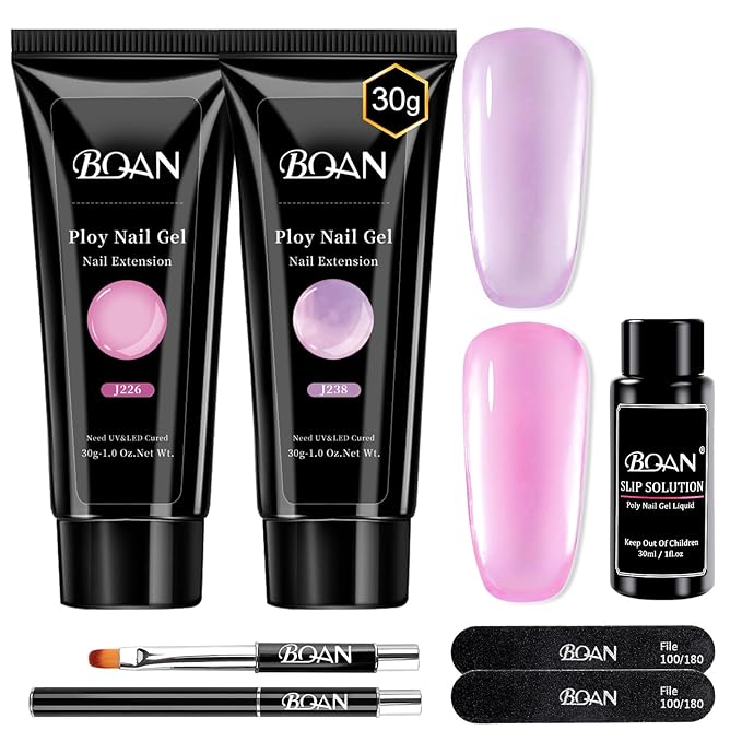 BQAN Poly Nail Gel, 2 Jelly Colors Poly Extension Gel (30ml) with Slip Solution & Brush | Non-Lifting Low Odor | for Nail Builder Pro Salon & Home DIY - Jelly Pinkish Purple, 1 Oz/Pack (Pack of 2)