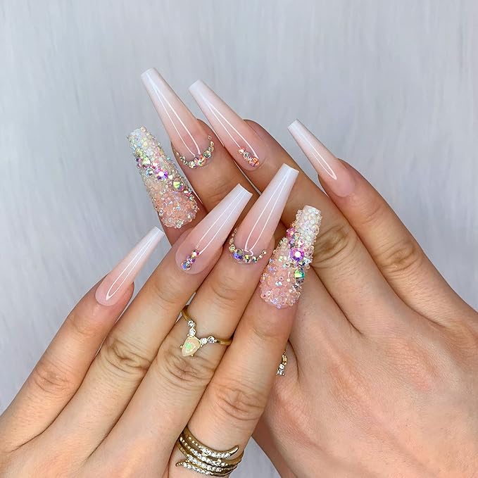 Morily 24pcs Fake Nails Ombre Ballerina Long Crystal Rhinestones Luxury Coffin Press on Nail False Tips Artificial Finger Manicure for Women (French Shinning)