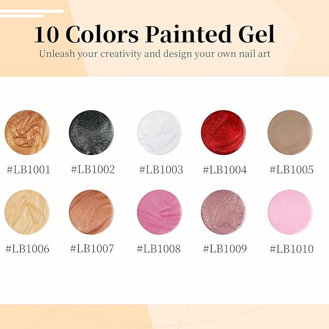 JODSONE Nail Art Gel Liner Set 10 Colors Glitter Red Black Pink Gel Nail polish Need U V Lamp Cured with Thin Brush at Home Salon Design,Valentines Gifts for Women