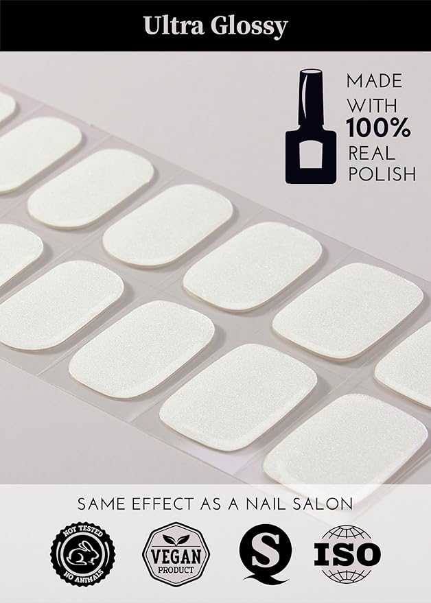 Semi Cured Gel Nail Strips, 20Pcs Long Lasting Salon Quality Wraps, Easy Apply & Remove Gel Nail Stickers with UV Light (Pearls Shimmering White)