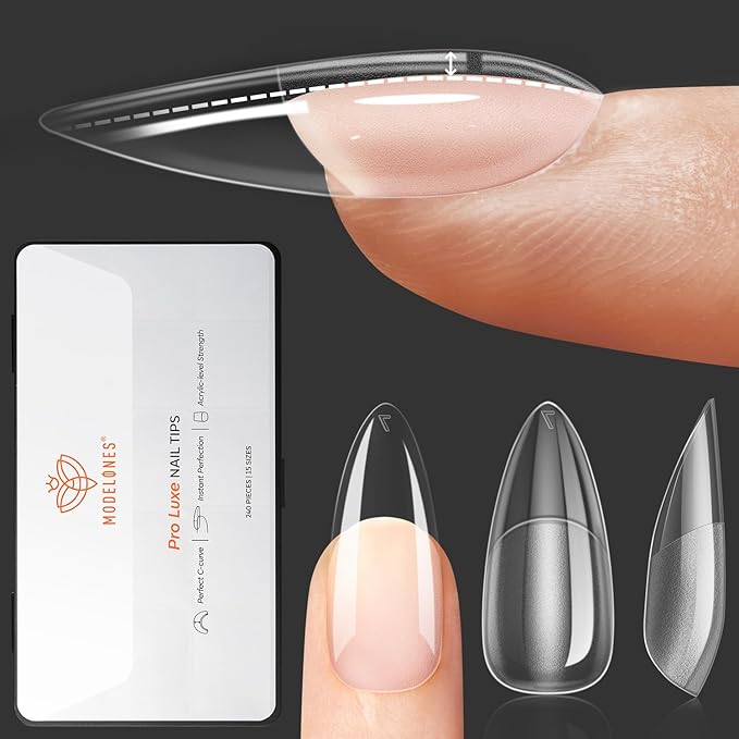 modelones Pro Luxe Instant Nail Apex Tips 15 Sizes, Medium Almond Extension Gel Tips Pre-building & Pre-etched Thicker Strength Acrylic Fake Nails Full Cover 240 Pcs