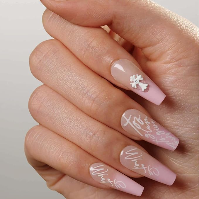 PSYTONE Press on Nails Short Almond Fake Nails Light Pink French Tip Glue on Nails Glossy Acrylic Nails Press ons Light Pink Full Cover Artificial Stick on Nails Petite Stick on Nails for Women 30 Pcs