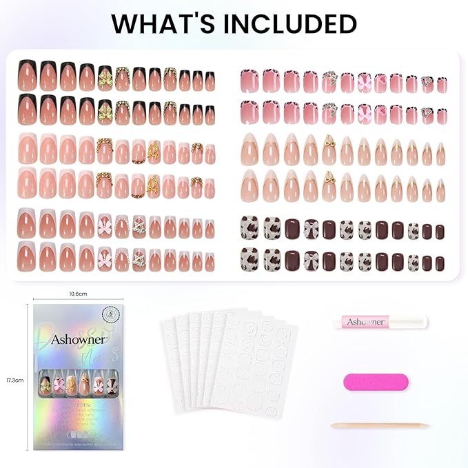 6 Packs (144 Pcs) | Reusable Press on Nails | Stick on Nails 12 Sizes-6 Styles | 3D Bow