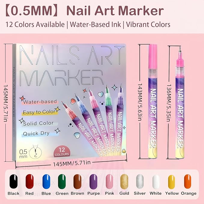 12 Colors Nail Art Pens Set, Quick Dry Nail Art Markers & Nail Polish Pens for Drawing, Painting and Dotting, DIY Manicure Tools for Nail Design, Home Salon Use