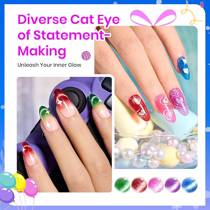 Beetles Cat Eye Gel Nail Polish, 6 Colors Cat Eye Glitter Gel Polish Set Neon Red Pink Purple Blue Green with Magnet Velvet Gel Kit Soak Off UV French Nail Art Manicure Spring Gift for Women